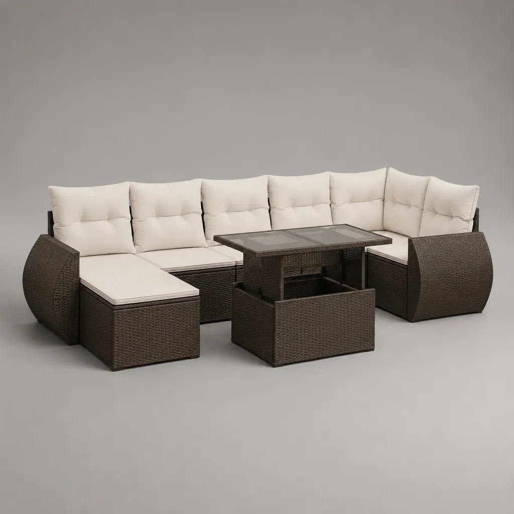 Set divano da giardino 9 posti in rattan PE marrone con tavolo rialzabile e 2 pouf, 280 x 220 x 76 cm