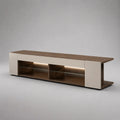 Mobile TV basso rettangolare in MDF e vetro temperato con illuminazione LED, noce e beige, 220 x 42 x 60 cm