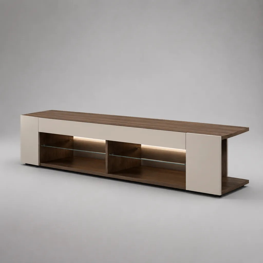 Mobile TV basso rettangolare in MDF e vetro temperato con illuminazione LED, noce e beige, 220 x 42 x 60 cm