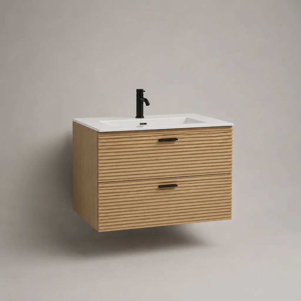 Mobile bagno sospeso sottolavabo in MDF con lavabo in ceramica, 2 cassetti, rovere naturale, bianco e nero, 80 x 46 x 60 cm, set da 2 pezzi