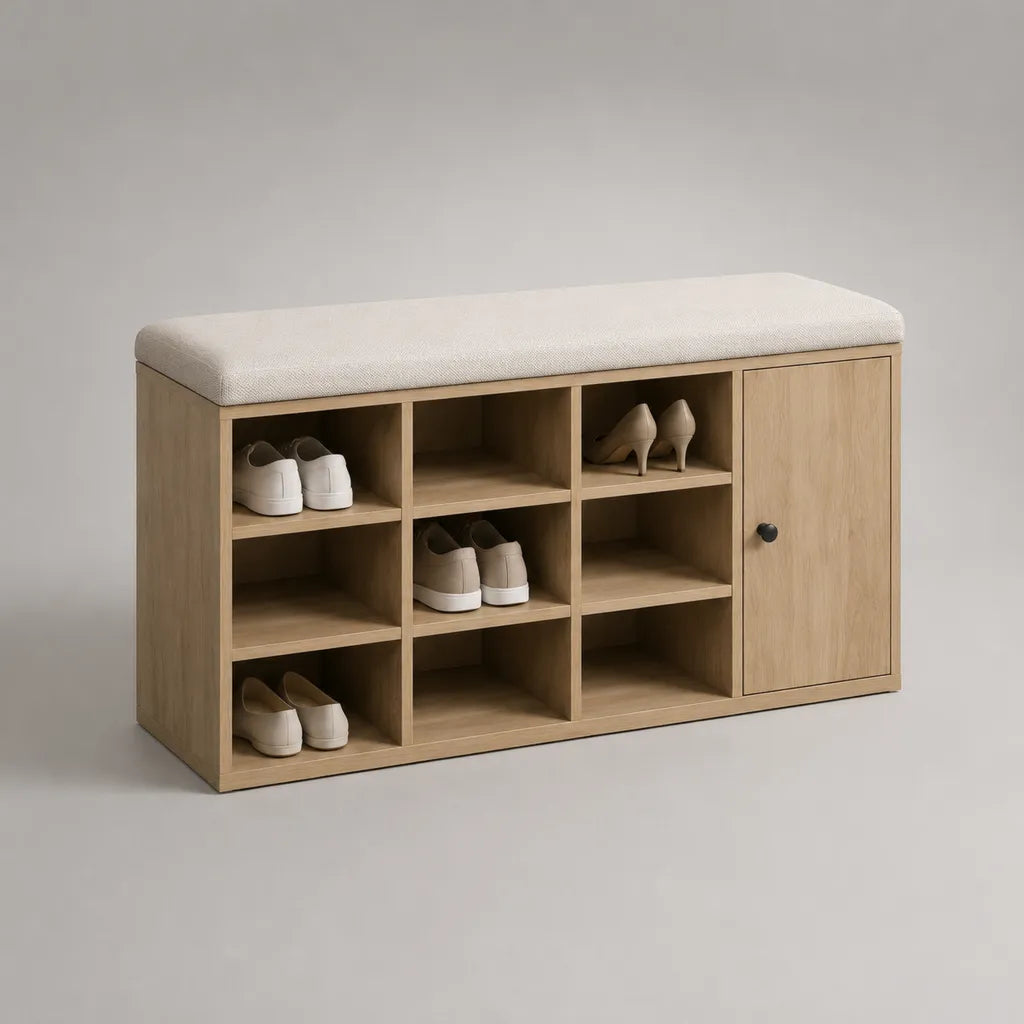 Scarpiera rettangolare con panca imbottita in truciolare melaminico effetto rovere, 9 vani e 1 anta, beige, 120 × 35 × 60 cm