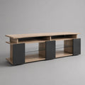 Mobile TV rettangolare in truciolare melaminico rovere e nero con ante scorrevoli e ripiani in vetro, 180 x 40 x 60 cm