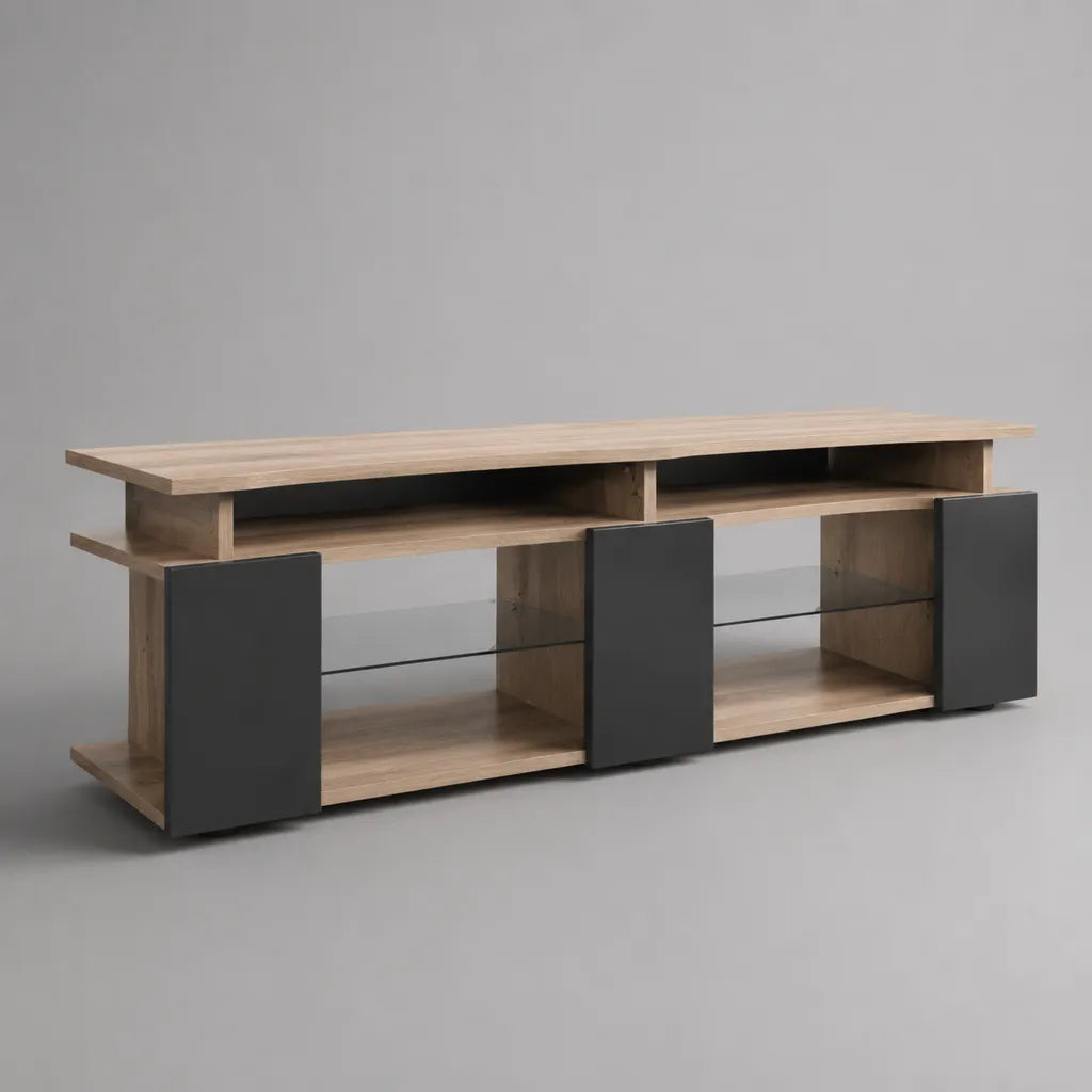 Mobile TV rettangolare in truciolare melaminico rovere e nero con ante scorrevoli e ripiani in vetro, 180 x 40 x 60 cm