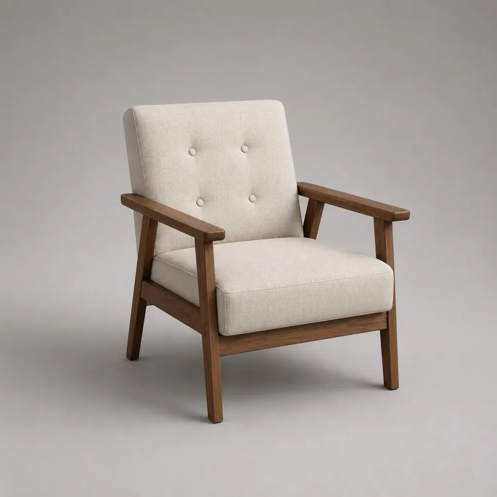 Poltrona imbottita in tessuto e legno, bianco crema e marrone noce, 68 x 76 x 82 cm