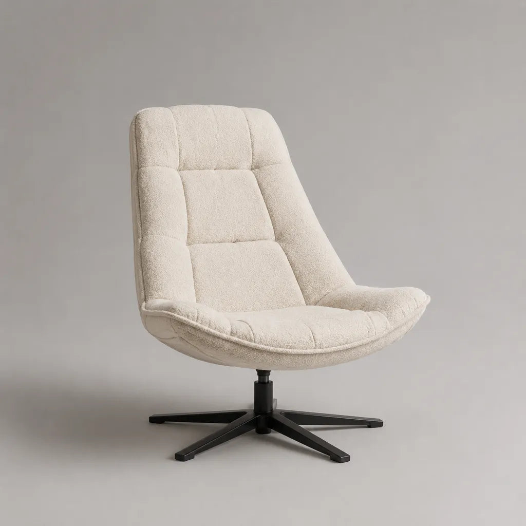 Poltrona girevole imbottita in tessuto bouclé con base in metallo, bianco crema e nero, 78 x 85 x 95 cm