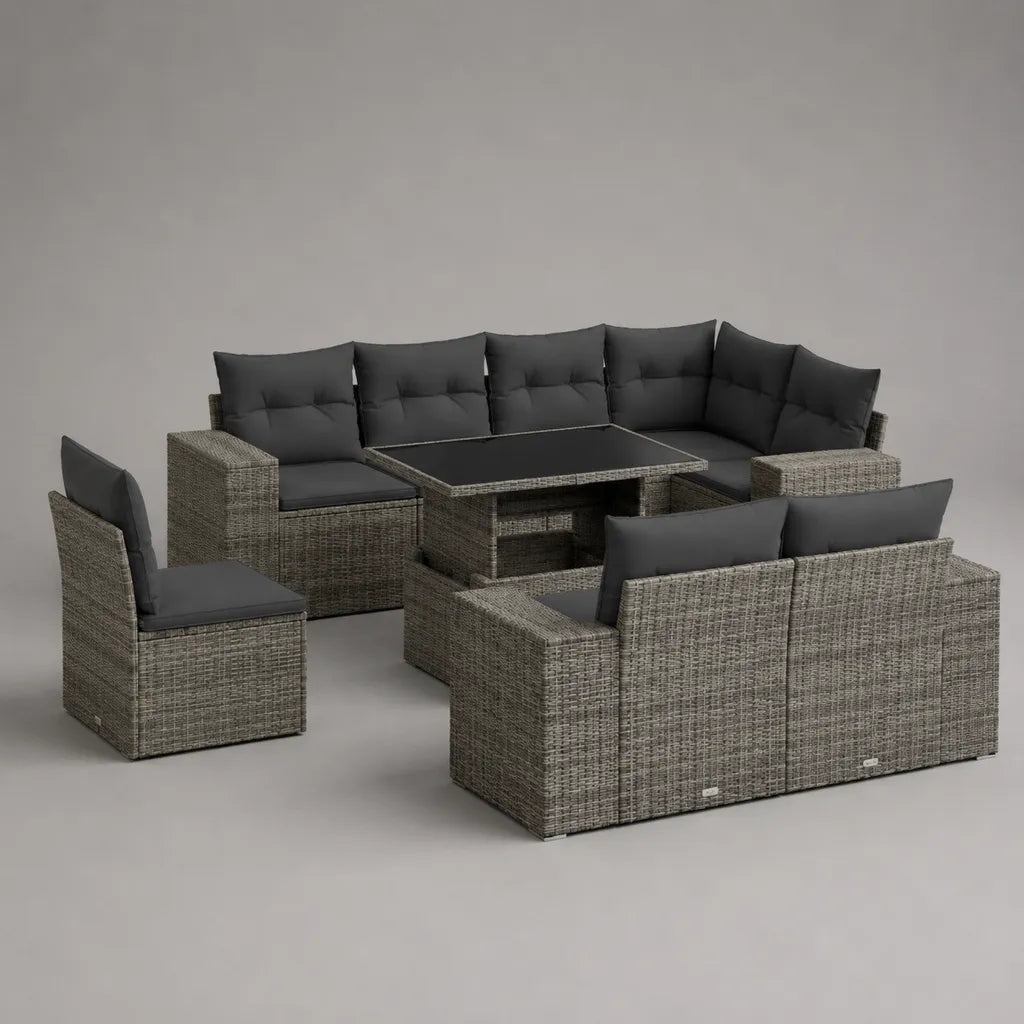 Set salotto da giardino a 8 posti in polyrattan e acciaio con divano angolare, divano a 2 posti, poltrona e tavolo 145 × 74 × 66 cm, grigio antracite