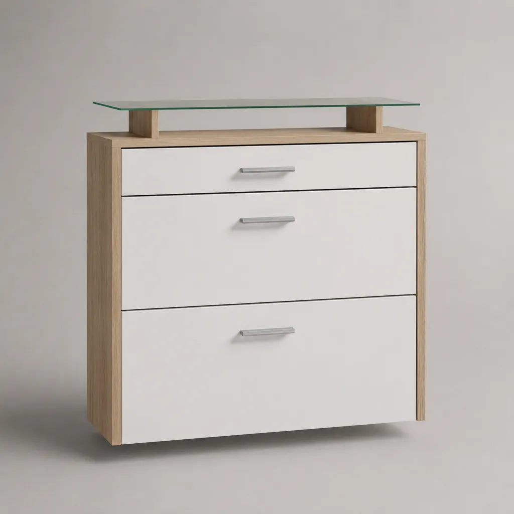 Scarpiera salvaspazio rettangolare con 3 ante ribaltabili in pannello truciolare e vetro, bianco e rovere chiaro, 80 x 25 x 103 cm