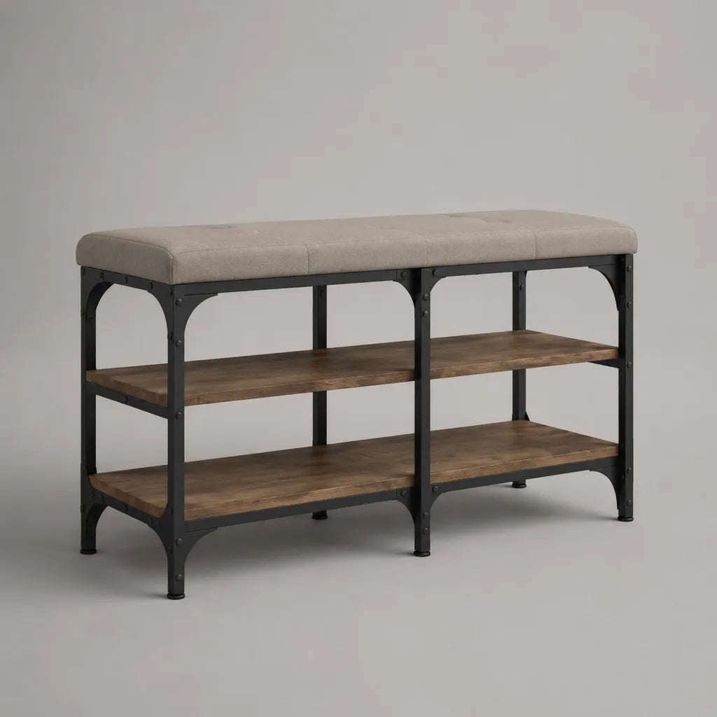 Scarpiera con panca imbottita e 2 ripiani in acciaio e legno, tortora, marrone e nero, 100 × 35 × 55 cm