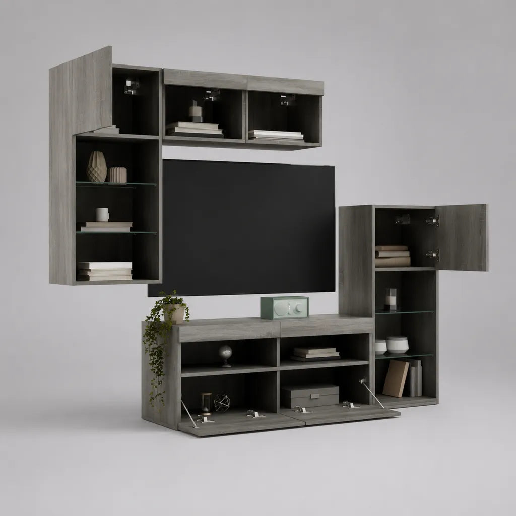 Parete attrezzata TV rettangolare in truciolare melaminico grigio cemento e antracite, 4 elementi, 240 x 40 x 190 cm