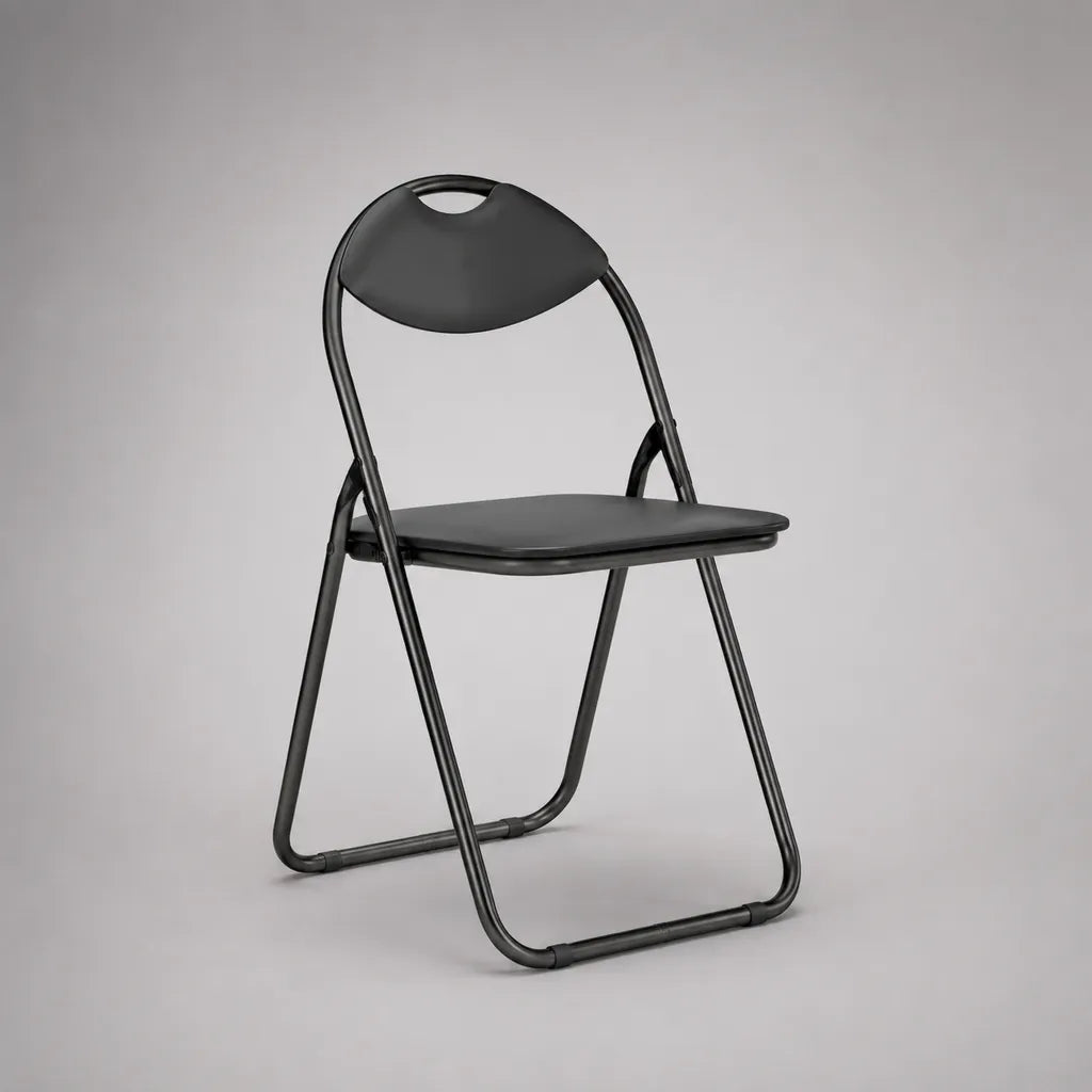 Sedia pieghevole nera con telaio tubolare in acciaio e seduta rivestita in PVC, 45 x 47 x 78 cm