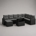 Set da giardino angolare in polyrattan nero con cuscini grigio antracite, tavolo e 2 poggiapiedi, 260 × 180 × 73 cm