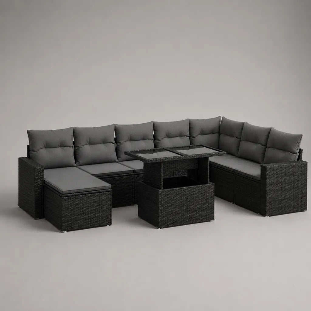 Set da giardino angolare in polyrattan nero con cuscini grigio antracite, tavolo e 2 poggiapiedi, 260 × 180 × 73 cm