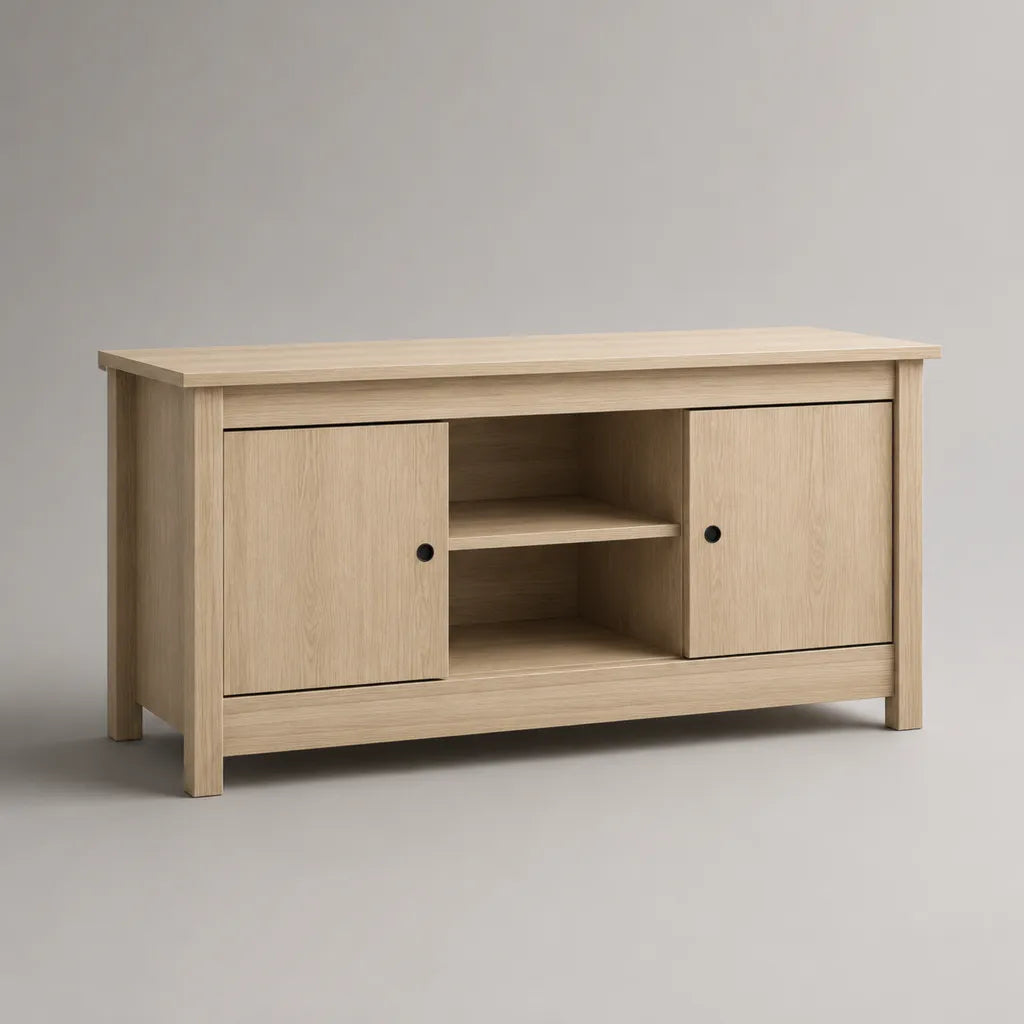 Mobile TV rettangolare in truciolare melaminico rovere chiaro con 2 ante e 2 vani aperti, 120 × 40 × 70 cm