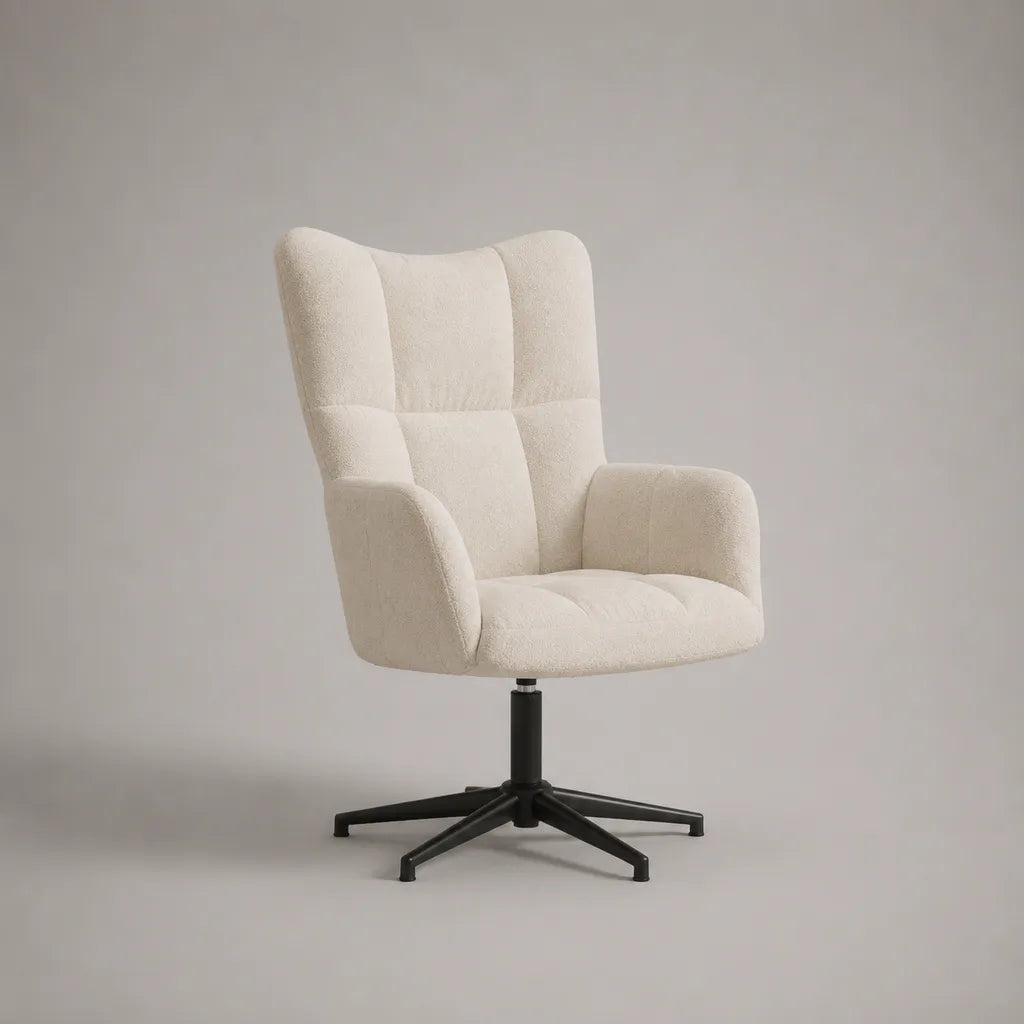 Poltrona girevole a 360° in tessuto bouclé crema con schienale alto e base in acciaio nero, 75 × 78 × 100 cm