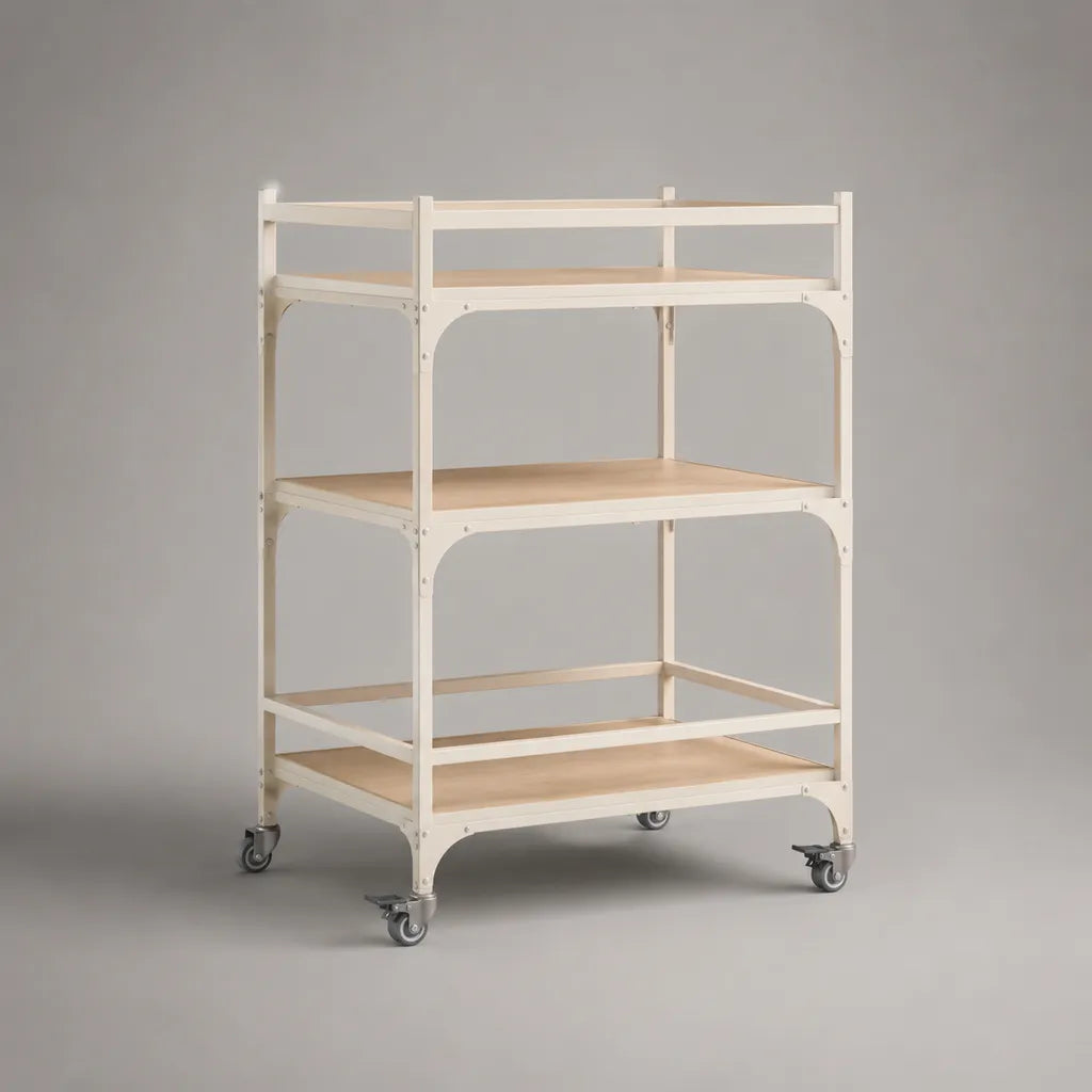 Carrello portavivande in acciaio e MDF a 3 ripiani con ruote, bianco e legno naturale, 80 × 40 × 100 cm