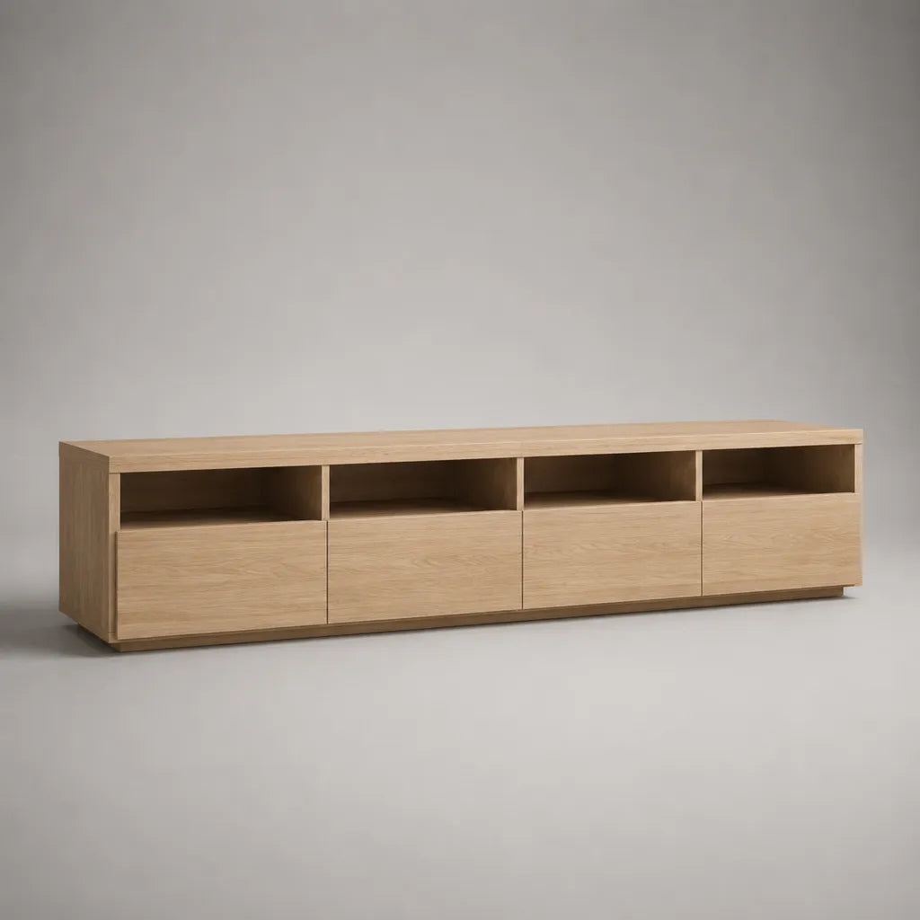 Mobile TV basso rettangolare in MDF impiallacciato rovere naturale con 4 ante e 4 vani, 200 × 40 × 50 cm