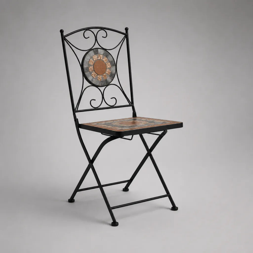 Sedia da pranzo pieghevole in acciaio con seduta quadrata in mosaico ceramico, nero, terracotta, grigio e beige, 40 x 45 x 91 cm