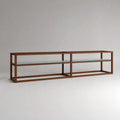 Mobile TV basso rettangolare in acciaio marrone con 2 ripiani in vetro trasparente, 180 x 40 x 55 cm