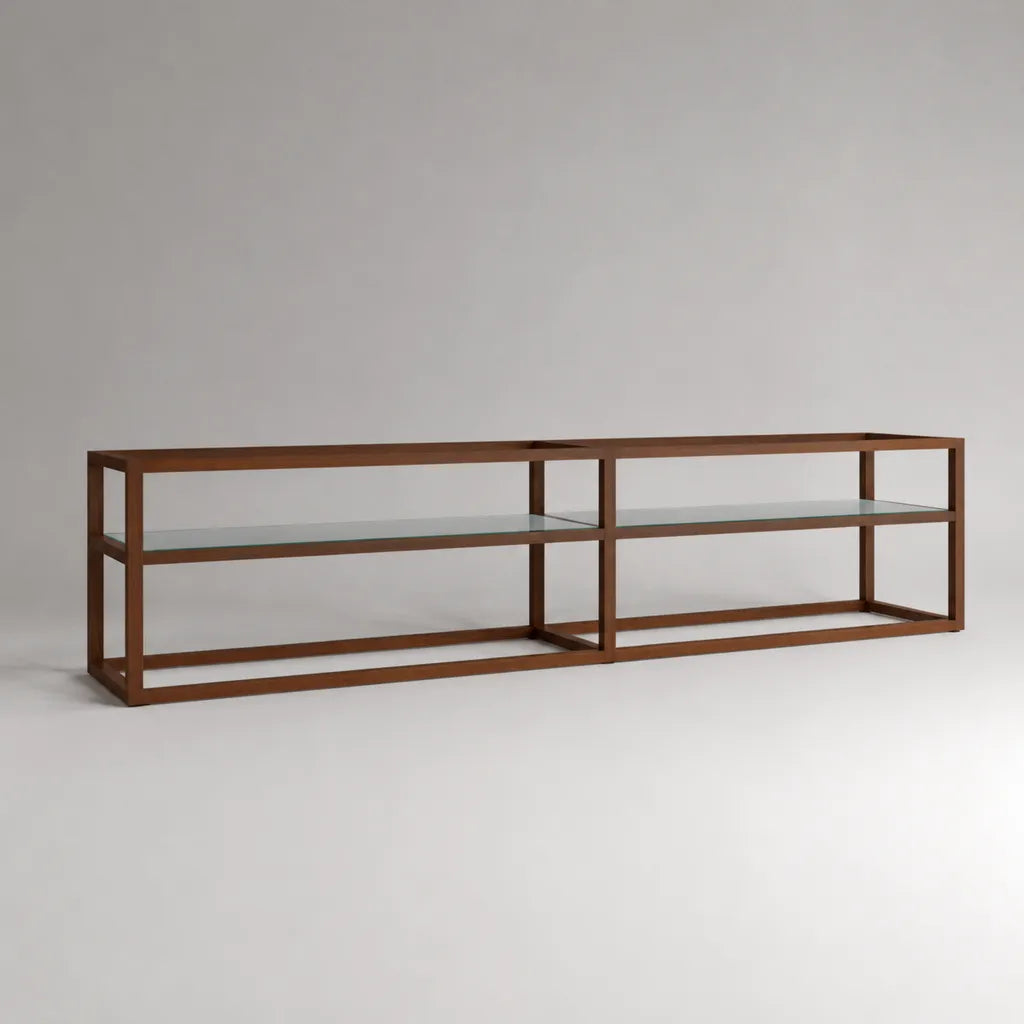 Mobile TV basso rettangolare in acciaio marrone con 2 ripiani in vetro trasparente, 180 x 40 x 55 cm