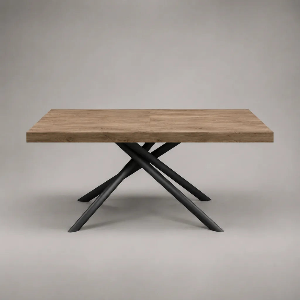 Tavolo da pranzo rettangolare 160 × 90 × 76 cm in MDF impiallacciato rovere con gambe incrociate in acciaio nero