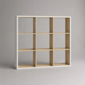 Libreria a 9 vani in truciolare melaminico bianco e rovere naturale, 120 x 30 x 120 cm