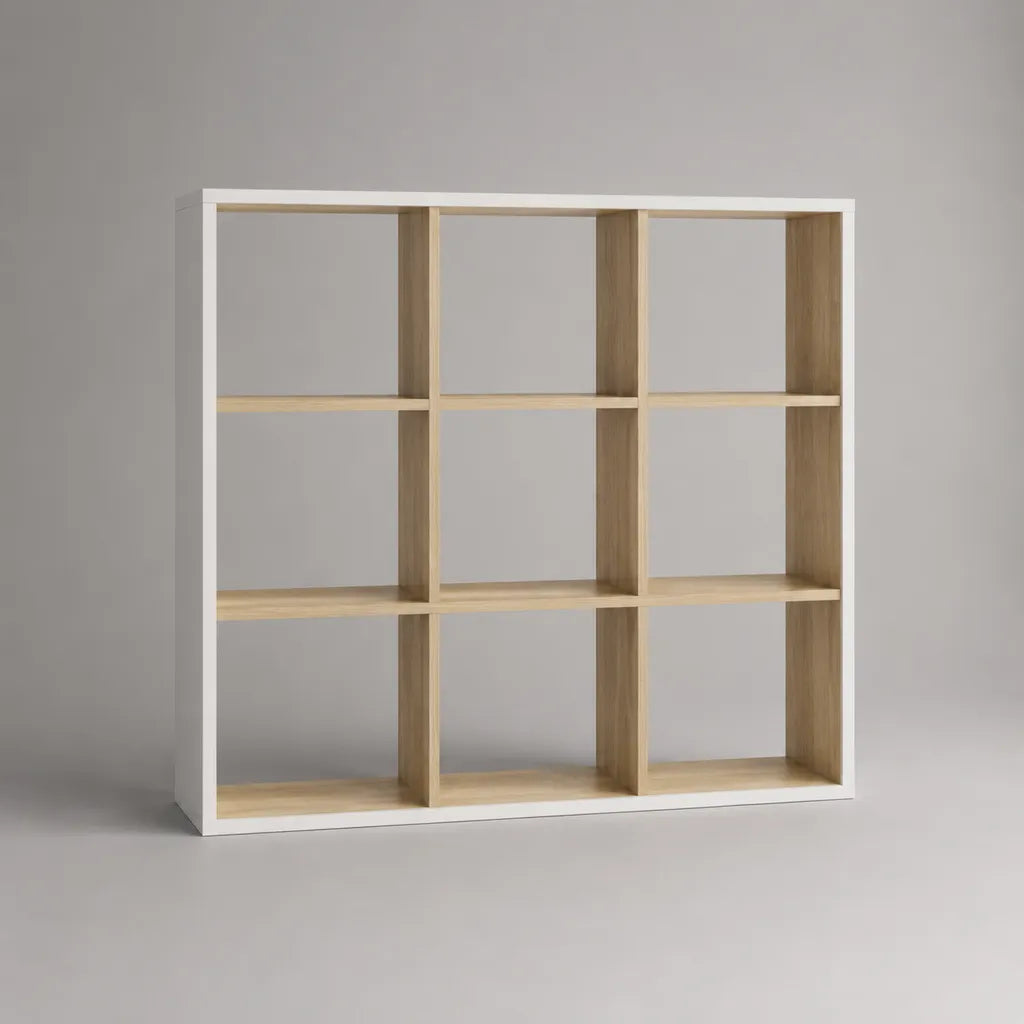 Libreria a 9 vani in truciolare melaminico bianco e rovere naturale, 120 x 30 x 120 cm