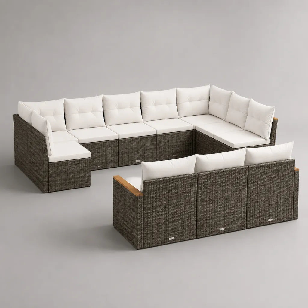 Set di divani modulari da esterno a U, 11 posti, in polyrattan marrone con cuscini bianchi, 350 x 210 x 67 cm