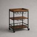 Carrello da cucina portavivande in legno e acciaio a 3 ripiani con portabicchieri, marrone noce e nero, 60 × 40 × 85 cm