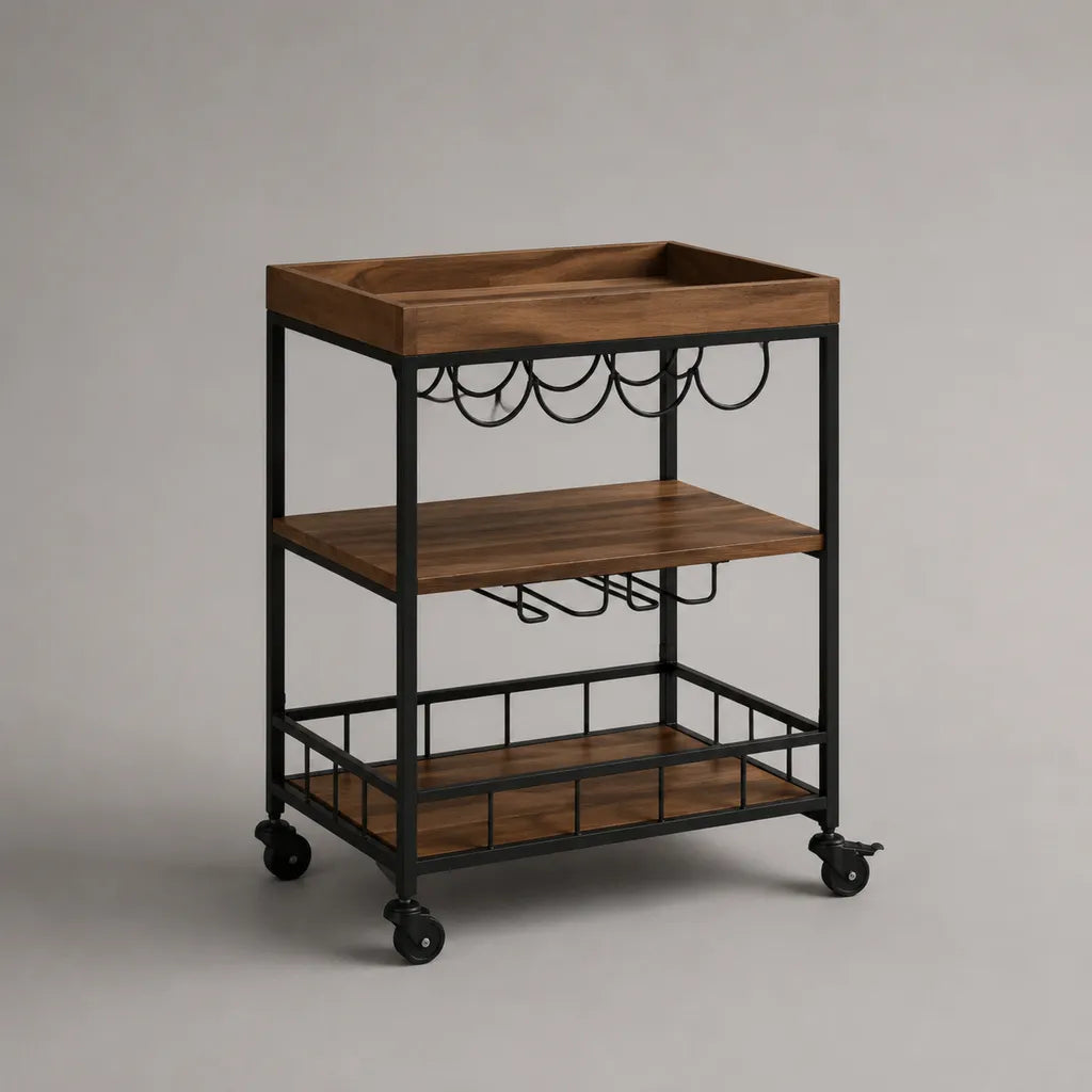 Carrello da cucina portavivande in legno e acciaio a 3 ripiani con portabicchieri, marrone noce e nero, 60 × 40 × 85 cm