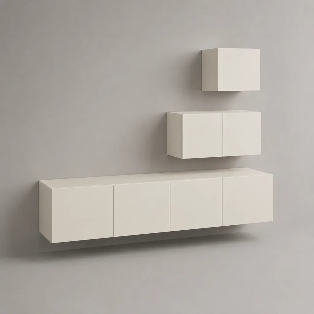 Set di 3 mobili TV sospesi in MDF e pannello truciolare bianco opaco, 200 x 40 x 40 cm, 100 x 35 x 40 cm e 70 x 35 x 40 cm