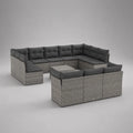 Set divani da giardino 11 pezzi, 10 posti, in polyrattan PE grigio con cuscini antracite, configurazione a U, 360 x 280 x 74 cm