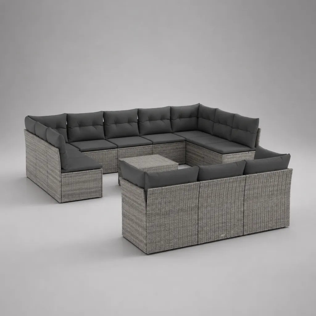 Set divani da giardino 11 pezzi, 10 posti, in polyrattan PE grigio con cuscini antracite, configurazione a U, 360 x 280 x 74 cm