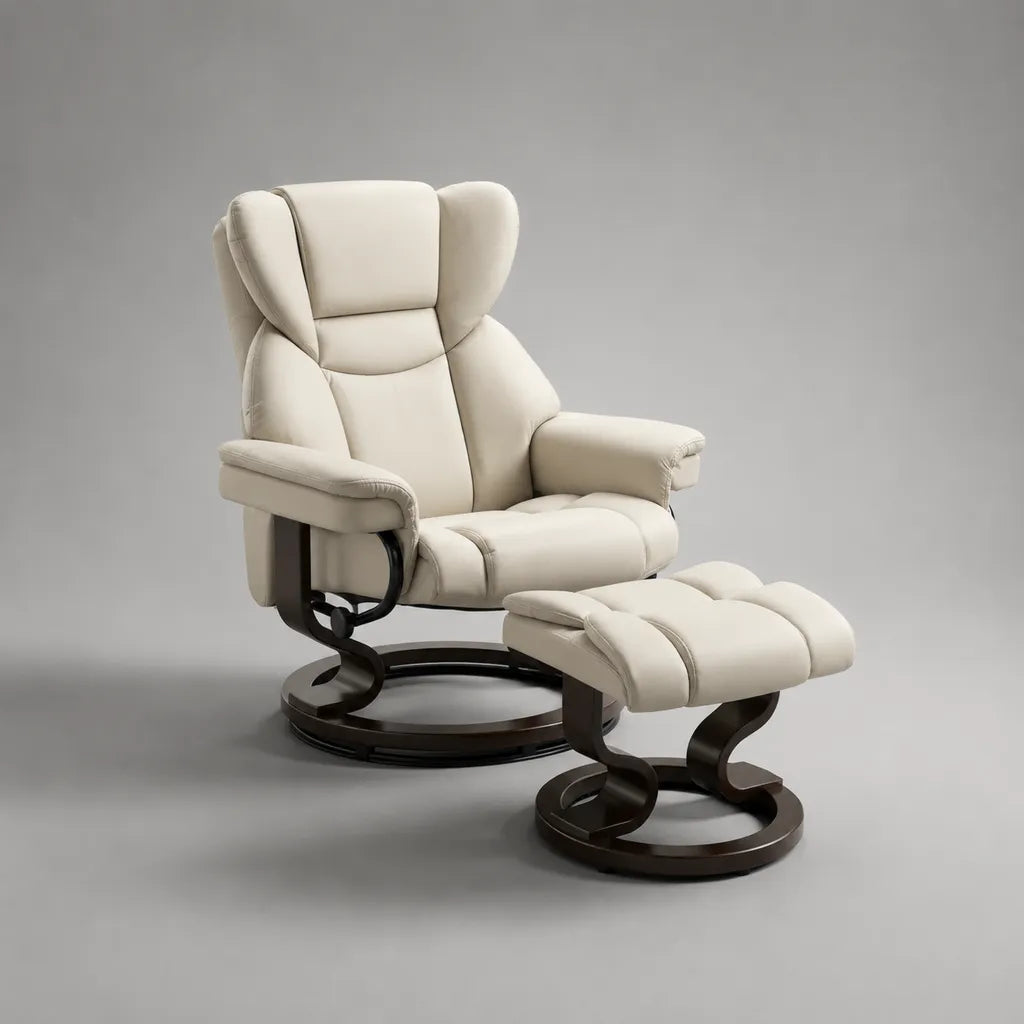 Set poltrona reclinabile girevole in pelle crema 82 × 78 × 105 cm con poggiapiedi 52 × 45 × 42 cm