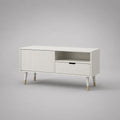 Mobile TV basso in MDF bianco opaco e oro con anta, cassetto e vano aperto, 120 x 40 x 65 cm