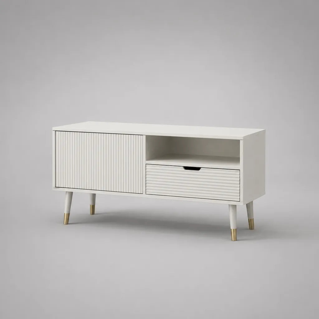 Mobile TV basso in MDF bianco opaco e oro con anta, cassetto e vano aperto, 120 x 40 x 65 cm