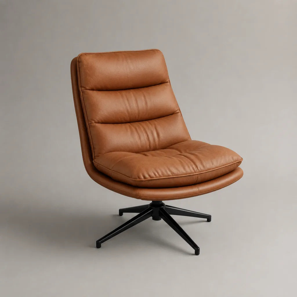 Poltrona girevole imbottita in pelle PU cognac con base a stella in acciaio nero, 78 × 86 × 94 cm