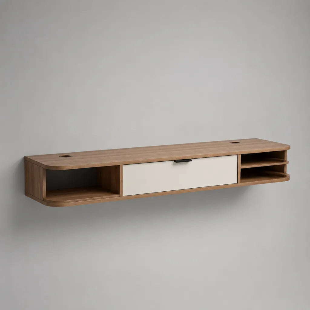 Mobile TV sospeso rettangolare in legno, noce e bianco, 160 × 35 × 30 cm